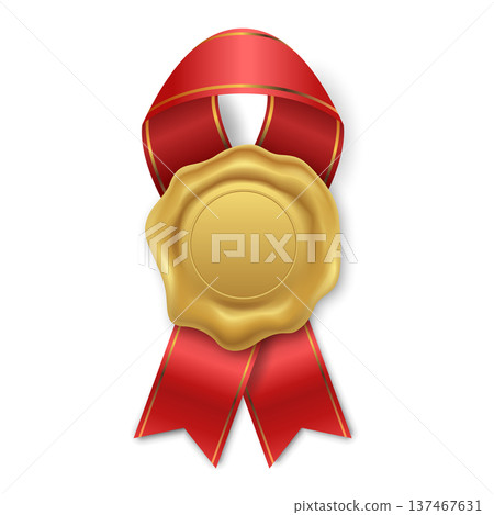 Vector Award Seal with Red Ribbon Rosette Badge Icon, Isolated. Blank Label Template Isolated. Winner Prize Achievement Emblem for Certificates, Packaging, Branding, Quality Guarantee Sticker 137467631