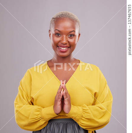 Woman, prayer and hands together in faith, religion and hope or thank you of career opportunity on studio background. Christian or african person in praying portrait, gratitude emoji and ngo business 137467655