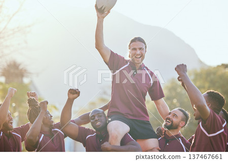 Portrait, sports and rugby team celebrate teamwork, carry player and happy for game victory, competition point or match try. Success motivation, champion winner and group fist pump, excited or cheers Portrait, sports and rugby team celebrate teamwork, carry player and happy for game victory, competition point or match try. Success motivation, champion winner and group fist pump, excited or cheers 137467661