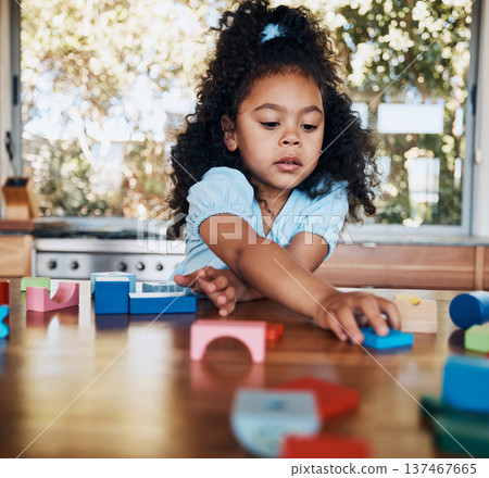 Girl, child and learning with building blocks in home for education, development and playing puzzle games for growth. Kid, play and toys for teaching creative skills and relax with educational game Girl, child and learning with building blocks in home for education, development and playing puzzle games for growth. Kid, play and toys for teaching creative skills and relax with educational game 137467665