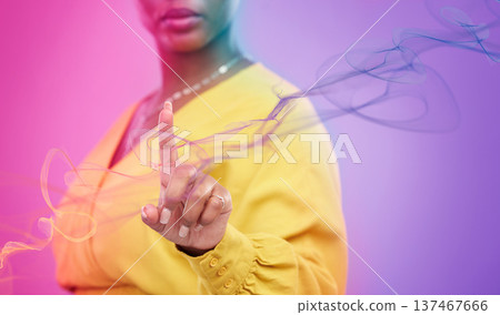Woman hands, press and screen or hologram for biometric information, network and information technology on neon background. Person or worker fingerprint, creative overlay and internet speed in studio Woman hands, press and screen or hologram for biometric information, network and information technology on neon background. Person or worker fingerprint, creative overlay and internet speed in studio 137467666