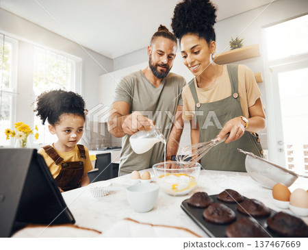 Child, parents and baking in kitchen, teaching and learning for development at breakfast. Cupcake, cooking and boy in home with happy interracial family, mom and dad and mixing muffins in the morning Child, parents and baking in kitchen, teaching and learning for development at breakfast. Cupcake, cooking and boy in home with happy interracial family, mom and dad and mixing muffins in the morning 137467669