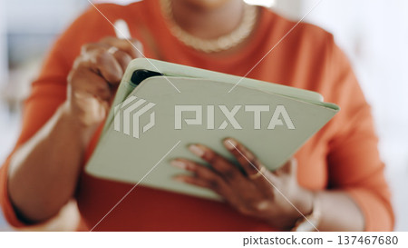 Woman, hands and writing on tablet in planning, networking or inventory checklist at office. Closeup of female person or employee with technology for online search, schedule or research at workplace Woman, hands and writing on tablet in planning, networking or inventory checklist at office. Closeup of female person or employee with technology for online search, schedule or research at workplace 137467680