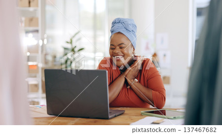 African woman, designer and celebration with laptop for success, deal and sales at fabric workshop. Tailor, black business owner and excited with computer with email notification, good news or profit African woman, designer and celebration with laptop for success, deal and sales at fabric workshop. Tailor, black business owner and excited with computer with email notification, good news or profit 137467682