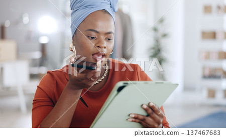 Businesswoman, communication and call on phone or recorder in office, startup and entrepreneur for business. Black person, ecommerce and project on technology, fashion and discussion online on tablet Businesswoman, communication and call on phone or recorder in office, startup and entrepreneur for business. Black person, ecommerce and project on technology, fashion and discussion online on tablet 137467683
