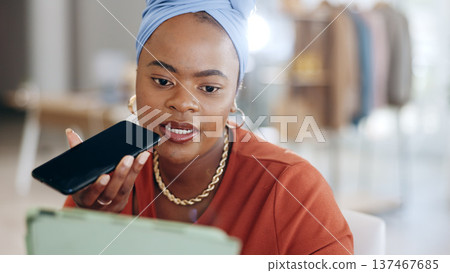 Woman, designer and fashion with phone call, tablet or sketch with notes, fabric and clothes. African tailor, black business owner and recording idea on smartphone, digital touchscreen or negotiation Woman, designer and fashion with phone call, tablet or sketch with notes, fabric and clothes. African tailor, black business owner and recording idea on smartphone, digital touchscreen or negotiation 137467685