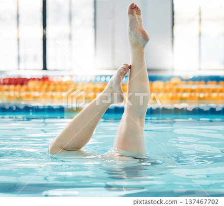 Swimming, athlete and legs upside down, ballet exercise and training for healthy body wellness. Pool, feet and person in synchronized workout, sport art and dance performance for fitness underwater 137467702