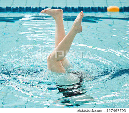 Swimming, athlete and legs in water upside down, exercise and training for healthy body. Pool, feet and person alone in synchronized workout, sport art and practice for fitness in wellness underwater 137467703