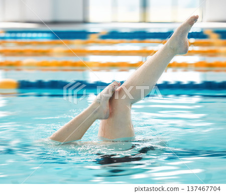 Swimming, athlete and legs in water upside down, exercise and training for healthy body. Pool, feet and person alone in synchronized workout, sport art and practice for fitness in wellness underwater 137467704