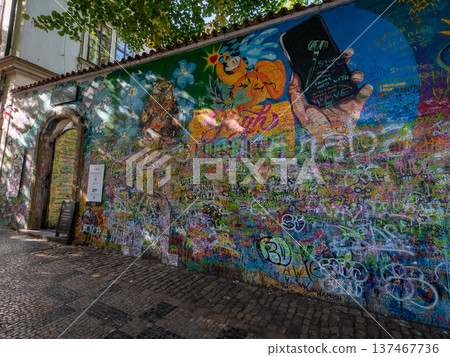 Lennon Wall in the Mala Strana district of Prague, Czech Republic.  137467736