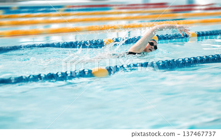 Swimming exercise, pool and sports person training for challenge, freestyle competition or performance workout. Gym club swimmer, water splash and active athlete cardio, race or practice stroke Swimming exercise, pool and sports person training for challenge, freestyle competition or performance workout. Gym club swimmer, water splash and active athlete cardio, race or practice stroke 137467737