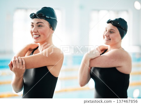 Swimmer, fitness and women stretching, exercise and workout for competition, wellness and active lifestyle. Girls, athlete and people stretch arms, health and warm up with competitive sport and pool Swimmer, fitness and women stretching, exercise and workout for competition, wellness and active lifestyle. Girls, athlete and people stretch arms, health and warm up with competitive sport and pool 137467856