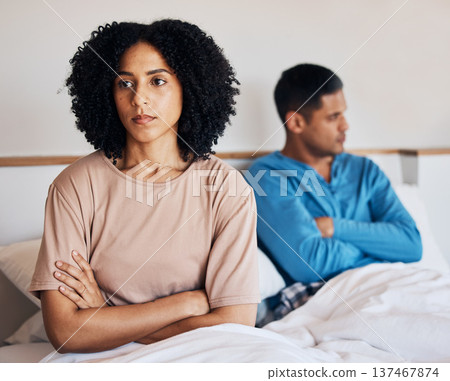 Frustrated couple, fight and conflict in breakup, argument or disagreement on bed from dispute at home. Upset woman and man in divorce, cheating affair or toxic relationship in bedroom at the house Frustrated couple, fight and conflict in breakup, argument or disagreement on bed from dispute at home. Upset woman and man in divorce, cheating affair or toxic relationship in bedroom at the house 137467874