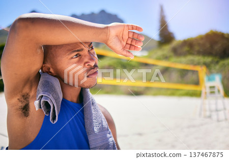 Tired man, volleyball and sports fitness on beach in match, game or intense outdoor competition in sun. Exhausted male person or player in sweat, break or rest after workout, exercise or training Tired man, volleyball and sports fitness on beach in match, game or intense outdoor competition in sun. Exhausted male person or player in sweat, break or rest after workout, exercise or training 137467875