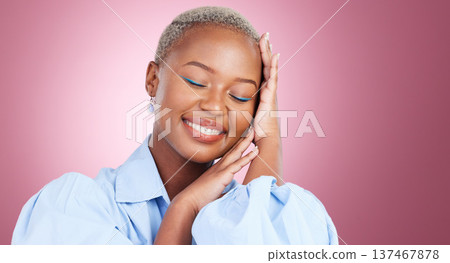 Self love, smile and hands on face of black woman in studio with good mood, positivity and vibes on pink background. Happy, chilling and African female model confident, eyes closed or satisfaction Self love, smile and hands on face of black woman in studio with good mood, positivity and vibes on pink background. Happy, chilling and African female model confident, eyes closed or satisfaction 137467878