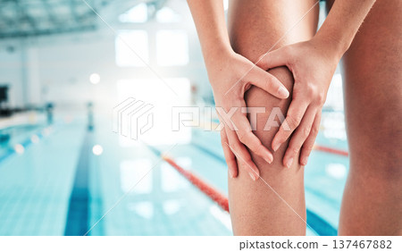 Sports injury, knee pain and space with person at swimming pool for fitness, training and health. First aid, emergency and accident with closeup of swimmer for muscle ache, leg inflammation or mockup Sports injury, knee pain and space with person at swimming pool for fitness, training and health. First aid, emergency and accident with closeup of swimmer for muscle ache, leg inflammation or mockup 137467882