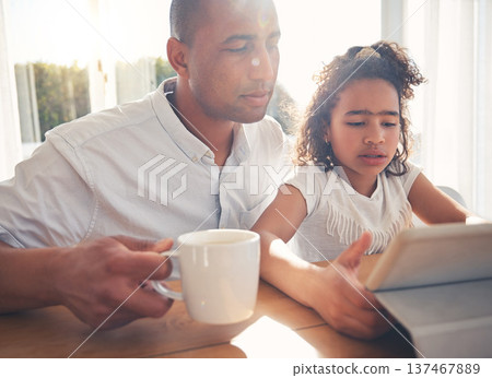 Child, father and family on tablet for online learning, home education and knowledge or support at home. Kid and dad teaching, helping and reading or watch video with elearning or digital technology 137467889