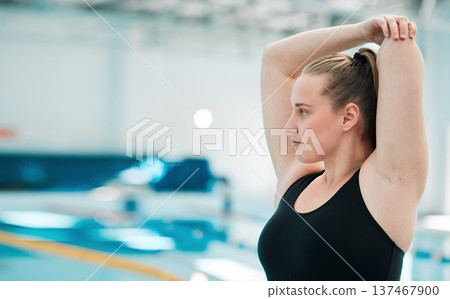 Swimmer, fitness and woman stretching, training and workout for competition, health and active lifestyle. Girl, athlete and person stretch arms, wellness and warm up with competitive sport and relax 137467900