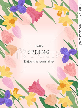 Spring floral background with tulips irises and narcissus flowers. Elegant vertical frame with blooming plants for greeting cards Easter invitations seasonal posters and nature themed designs. Spring floral background with tulips irises and narcissus flowers. Elegant vertical frame with blooming plants for greeting cards Easter invitations seasonal posters and nature themed designs. 137468012