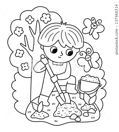 Spring garden black and white illustration with boy digging ground with spade. Vector country house, farm concept. Line kid doing gardening work, planting tree icon. Child clipart, coloring page Spring garden black and white illustration with boy digging ground with spade. Vector country house, farm concept. Line kid doing gardening work, planting tree icon. Child clipart, coloring page 137468314