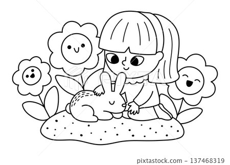 Spring garden black and white illustration with girl caressing rabbit on the clearing with smiling flowers. Vector country house, farm concept. Cute line kid icon. Child clipart, coloring page Spring garden black and white illustration with girl caressing rabbit on the clearing with smiling flowers. Vector country house, farm concept. Cute line kid icon. Child clipart, coloring page 137468319