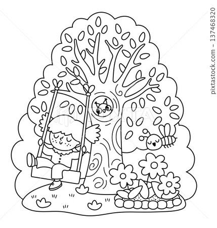 Spring garden black and white illustration with girl swinging on tree with owl in hollow. Vector country house, farm concept. Cute line kid doing gardening holidays icon. Child clipart, coloring page Spring garden black and white illustration with girl swinging on tree with owl in hollow. Vector country house, farm concept. Cute line kid doing gardening holidays icon. Child clipart, coloring page 137468320