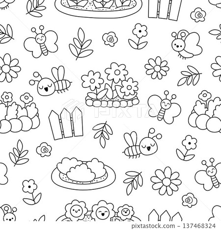 Vector black and white spring garden seamless pattern. Cute line farm repeat background with flower bed, insects, fence, plants. Nature digital paper, coloring page. Spring or summer texture Vector black and white spring garden seamless pattern. Cute line farm repeat background with flower bed, insects, fence, plants. Nature digital paper, coloring page. Spring or summer texture 137468324