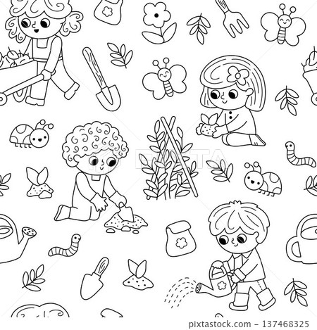Vector black and white garden seamless pattern. Cute line farm repeat background with kids doing gardening work, growing plants. Nature digital paper, coloring page with children Vector black and white garden seamless pattern. Cute line farm repeat background with kids doing gardening work, growing plants. Nature digital paper, coloring page with children 137468325
