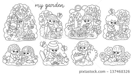 Spring black and white garden illustration set with children doing gardening works. Vector line country house, farm concepts collection. Coloring page with kids planting tree, raking, watering plant 137468326
