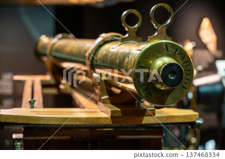Lyon, france. December 27, 2023. Brass a. Bardou paris telescope representing early scientific instruments and exploration, showcasing vintage optics and navigation 137468334