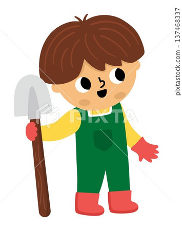 Vector boy standing with spade and looking up. Cute kid gardener clipart. Funny child doing gardening works, raking leaves. Nature illustrations with children. Spring or summer country icon 137468337