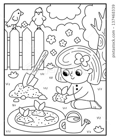 Spring garden black and white vertical scene with girl planting a seed. Vector country house, farm landscape. Rural line nature background illustration with kid doing gardening work 137468339