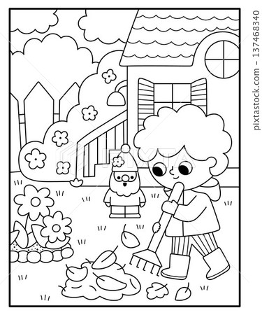 Spring garden black and white vertical landscape. Rural nature line scene with boy raking the fallen leaves. Vector country house, farm background illustration with kid doing gardening work 137468340