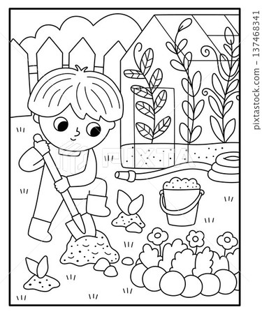 Spring garden black and white vertical landscape. Rural nature line scene with boy digging the ground with spade. Vector country house, farm background. Cute kid doing gardening work 137468341