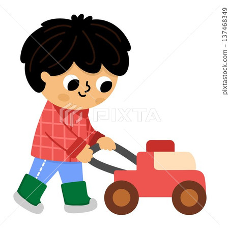 Vector boy mowing grass with mover. Cute kid gardener clipart. Funny child doing gardening works. Nature illustrations with children. Spring or summer country icon Vector boy mowing grass with mover. Cute kid gardener clipart. Funny child doing gardening works. Nature illustrations with children. Spring or summer country icon 137468349