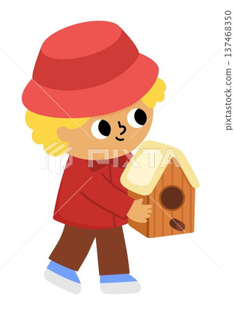 Spring garden illustration with boy going with a wooden birdhouse. Vector country house, farm concept. Cute kid doing gardening work icon. Child clipart isolated on white 137468350