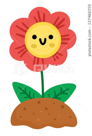 Vector red smiling flower icon. Blooming plant growing on the ground illustration. Floral kawaii clipart. Cute summer, garden or Easter village bloom isolated on white background Vector red smiling flower icon. Blooming plant growing on the ground illustration. Floral kawaii clipart. Cute summer, garden or Easter village bloom isolated on white background 137468359