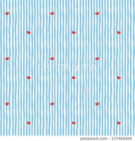 Hand drawn red mini hearts on baby blue vertical stripes whimsical seamless pattern 137468809