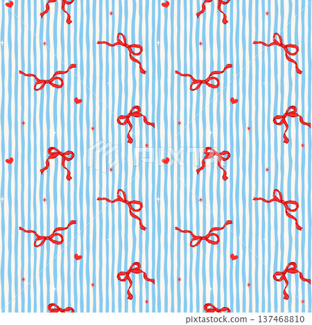 Coquette red bow and heart seamless background, cute hand drawn repeating print on baby blue sky stripes 137468810
