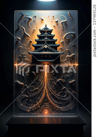 Futuristic Japanese Pagoda with Glowing Digital Path. 137469126