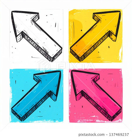 Set of 4 hand-drawn 3D arrow icons (marker pen style, black frame, yellow, blue, pink, assorted, white background, finger) Set of 4 hand-drawn 3D arrow icons (marker pen style, black frame, yellow, blue, pink, assorted, white background, finger) 137469237