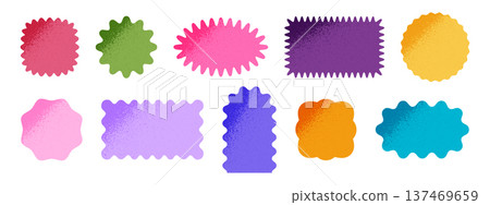 Colorful shapes with wavy edges and grunge shadow texture. Basic geometric forms with scalloped borders and grainy structure. Empty textboxes, stickers, tags or labels. Vector flat illustration 137469659