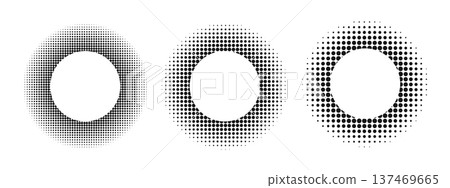 Set of round frames with faded polka dot texture. Circular shapes with pixel, noisy or grutty borders isolated on white background. Decorative design elements. Vector graphic illustration Set of round frames with faded polka dot texture. Circular shapes with pixel, noisy or grutty borders isolated on white background. Decorative design elements. Vector graphic illustration 137469665