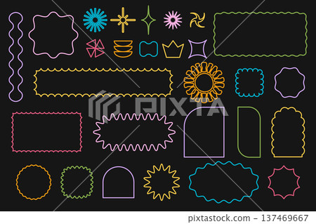 Set of colorful star and sun, arch and rectangle, square and circle forms with scalloped edges on black background. Simple cute shapes with wavy borders. Vector outline illustration Set of colorful star and sun, arch and rectangle, square and circle forms with scalloped edges on black background. Simple cute shapes with wavy borders. Vector outline illustration 137469667