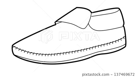 Moccasin slipper shoe women single line. Cozy stitched soft footwear for relaxed evening warm look. Technical fashion Moccasin slipper shoe women single line. Cozy stitched soft footwear for relaxed evening warm look. Technical fashion 137469672
