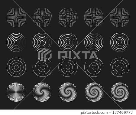 Set of white circular ripple or vibration symbols on black background. Concentric circles with broken lines. Echo, whirlpool, sonar or sound wave, sunburst or signal signs. Vector illustration Set of white circular ripple or vibration symbols on black background. Concentric circles with broken lines. Echo, whirlpool, sonar or sound wave, sunburst or signal signs. Vector illustration 137469773