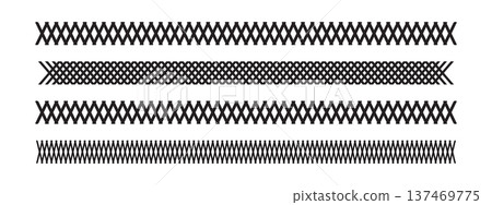 Set of slash and crossed lines borders. Oblique parallel stripes patterns. Black tilted stitches and crosses embroidery ornaments on white background. Geometric prints. Vector graphic illustration 137469775
