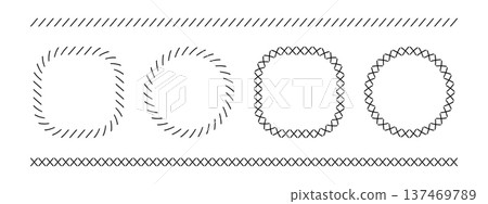 Set of borders and round frames with tilted and crossed stitches. Slashes and crosses embroidery ornaments isolated on white background. Sewing overlock fabric prints. Vector graphic illustration Set of borders and round frames with tilted and crossed stitches. Slashes and crosses embroidery ornaments isolated on white background. Sewing overlock fabric prints. Vector graphic illustration 137469789