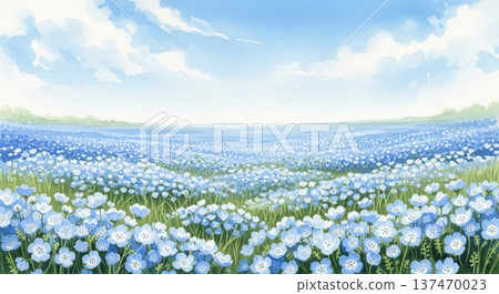 一幅精美的水彩插畫，描繪了盛開的春粉蝶花田。 137470023