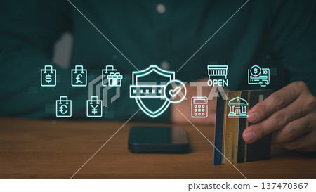Financial security concept, credit cards with digital shield, currency icon and banking element, highlighting secure payment, fraud protection, global transaction, and modern digital finance system. 137470367